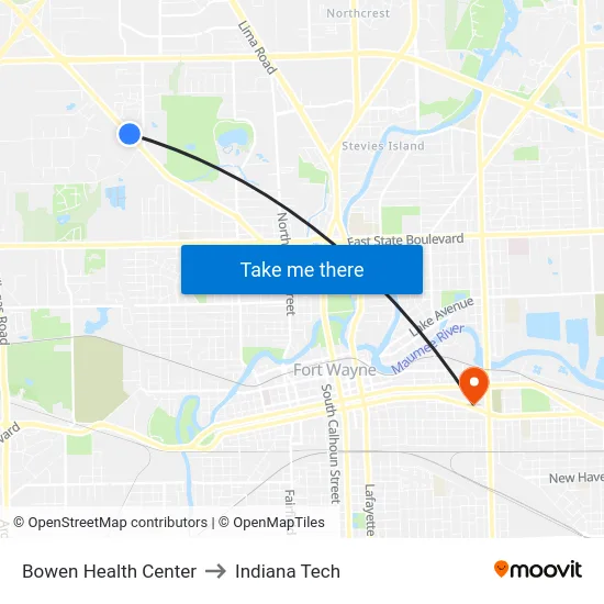 Bowen Health Center to Indiana Tech map