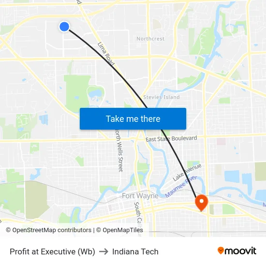Profit at Executive (Wb) to Indiana Tech map