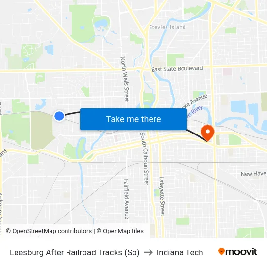 Leesburg After Railroad Tracks (Sb) to Indiana Tech map