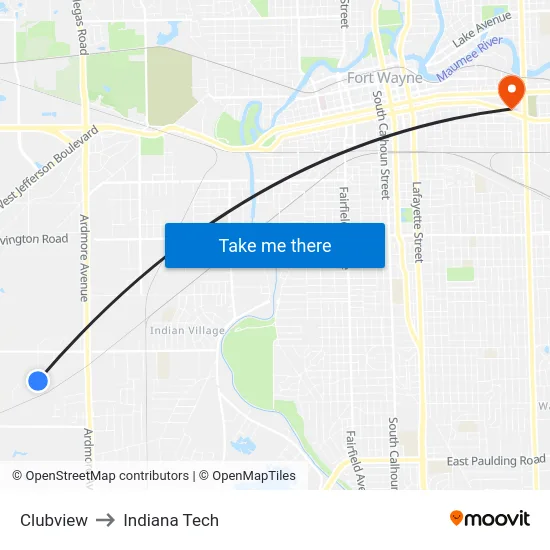 Clubview to Indiana Tech map
