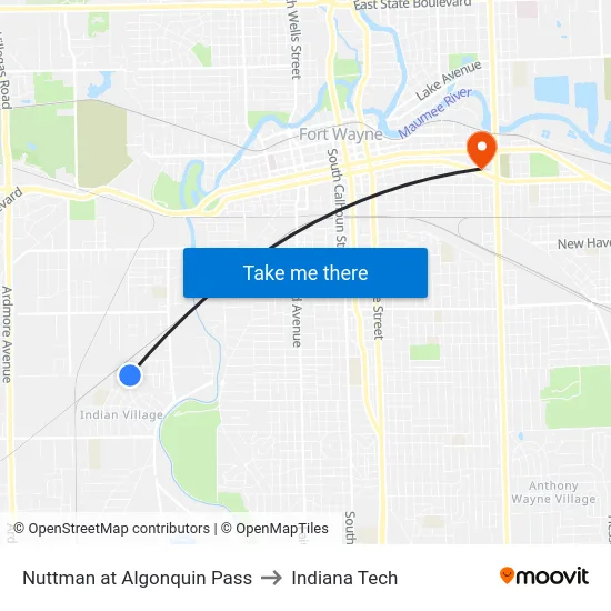 Nuttman at Algonquin Pass to Indiana Tech map