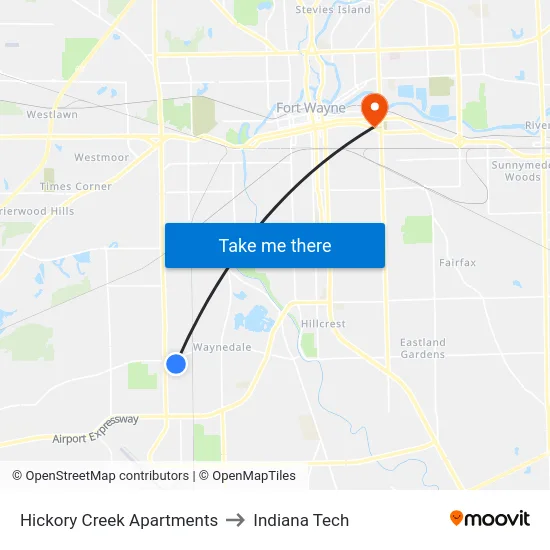 Hickory Creek Apartments to Indiana Tech map