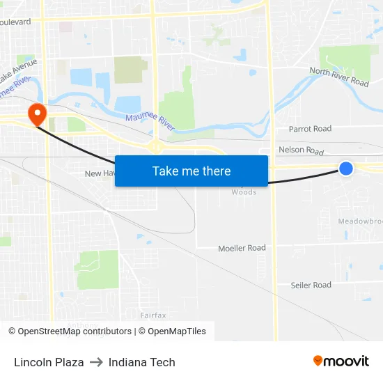 Lincoln Plaza to Indiana Tech map