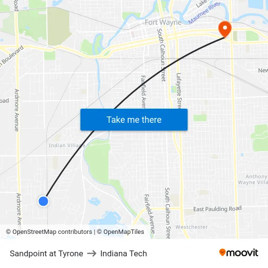 Sandpoint at Tyrone to Indiana Tech map