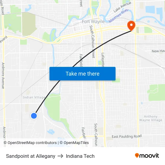 Sandpoint at Allegany to Indiana Tech map