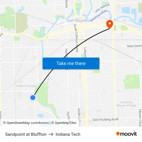 Sandpoint at Bluffton to Indiana Tech map