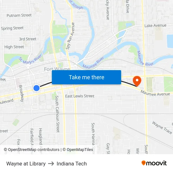 Wayne at Library to Indiana Tech map