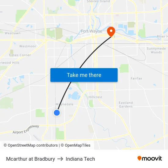Mcarthur at Bradbury to Indiana Tech map