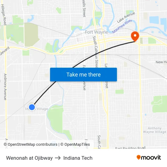 Wenonah at Ojibway to Indiana Tech map