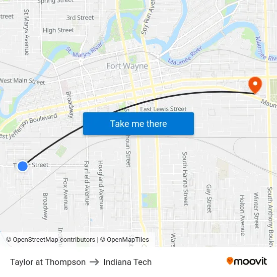 Taylor at Thompson to Indiana Tech map