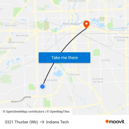3321 Thurber (Wb) to Indiana Tech map