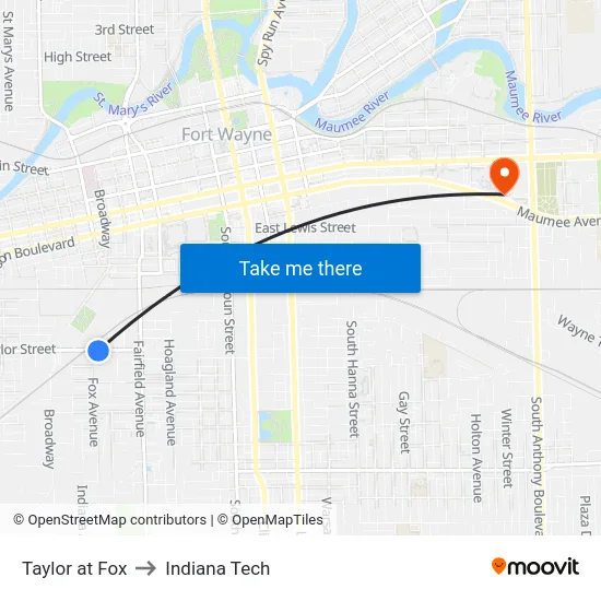 Taylor at Fox to Indiana Tech map