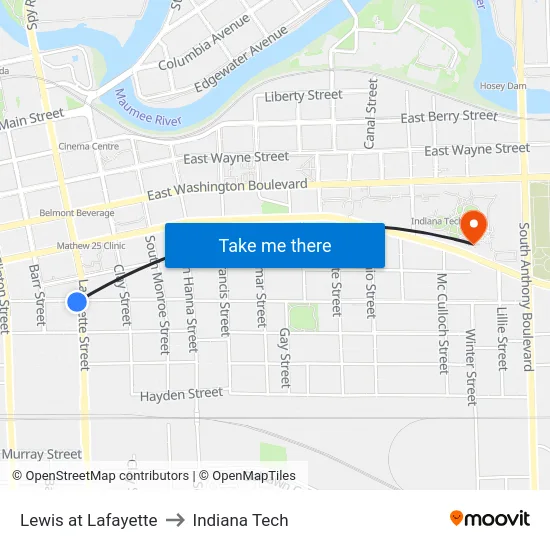 Lewis at Lafayette to Indiana Tech map