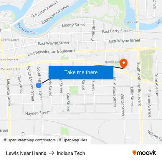 Lewis Near Hanna to Indiana Tech map