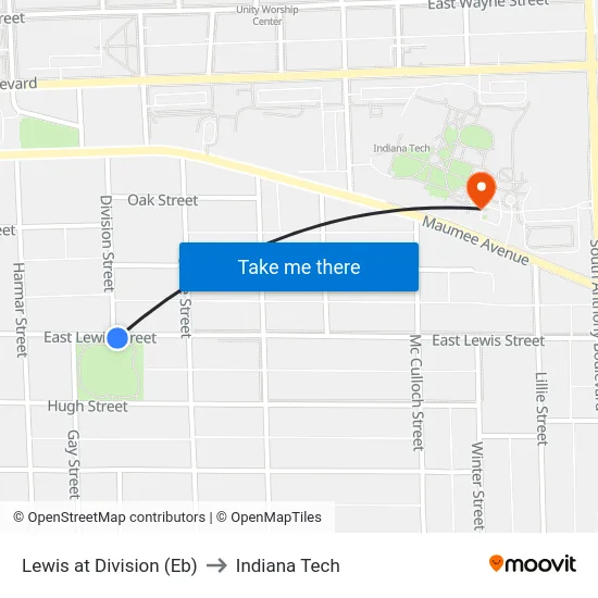 Lewis at Division (Eb) to Indiana Tech map