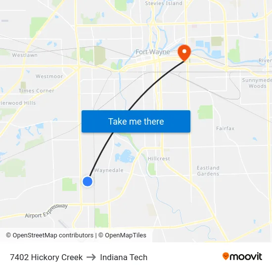 7402 Hickory Creek to Indiana Tech map