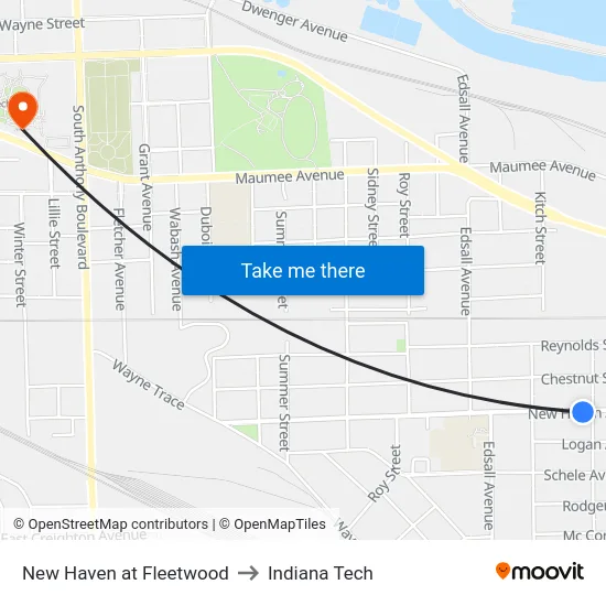 New Haven at Fleetwood to Indiana Tech map