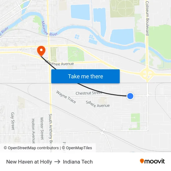 New Haven at Holly to Indiana Tech map