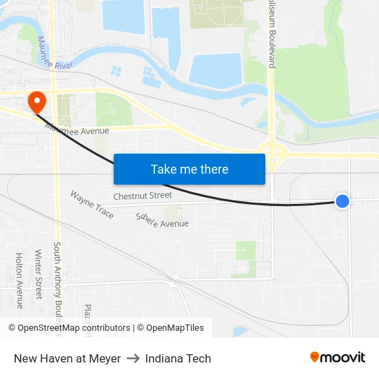New Haven at Meyer to Indiana Tech map