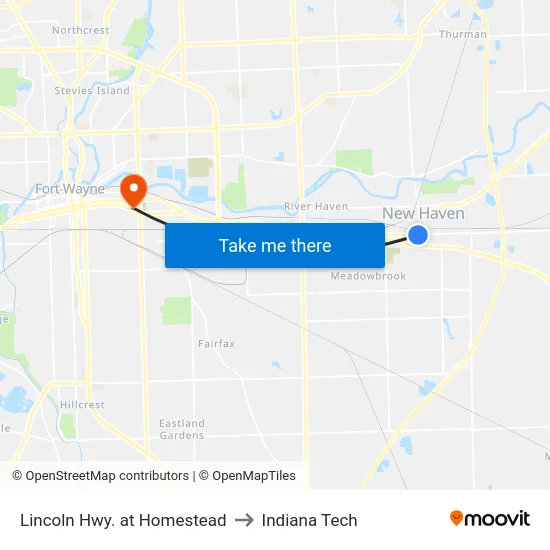 Lincoln Hwy. at Homestead to Indiana Tech map
