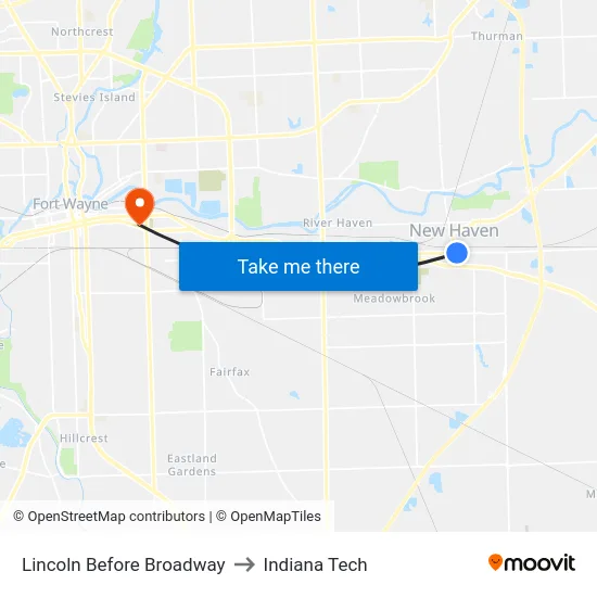 Lincoln Before Broadway to Indiana Tech map