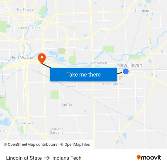 Lincoln at State to Indiana Tech map