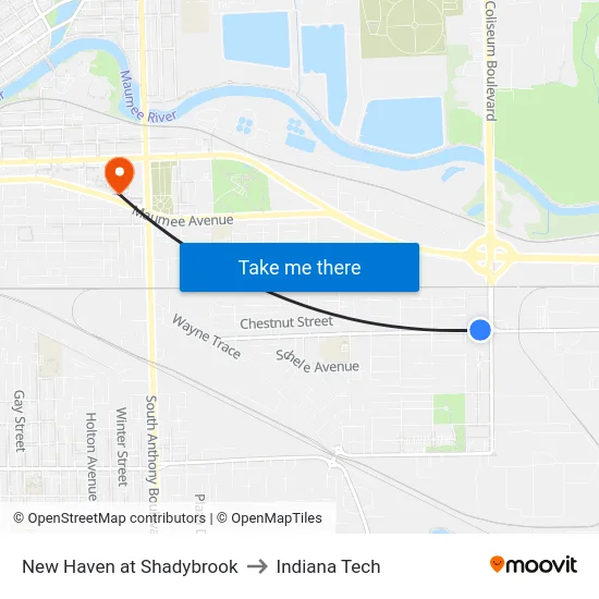 New Haven at Shadybrook to Indiana Tech map
