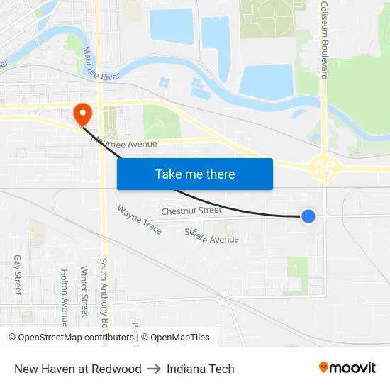 New Haven at Redwood to Indiana Tech map