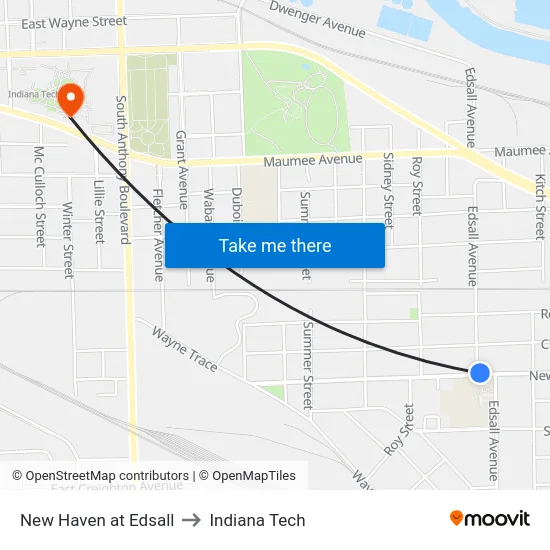 New Haven at Edsall to Indiana Tech map