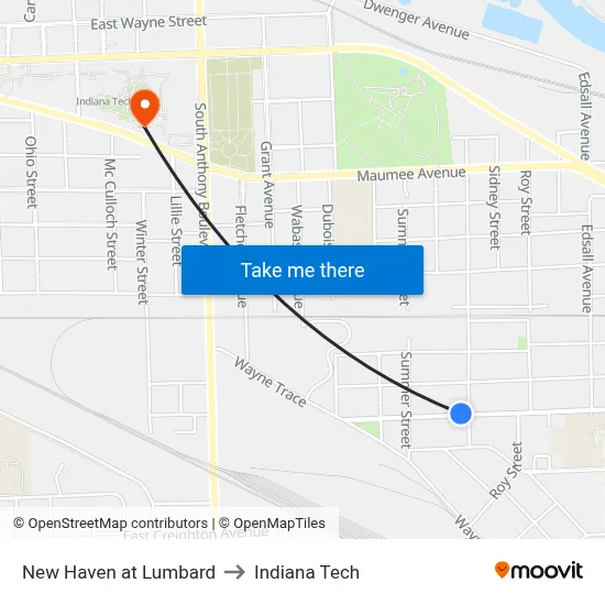 New Haven at Lumbard to Indiana Tech map