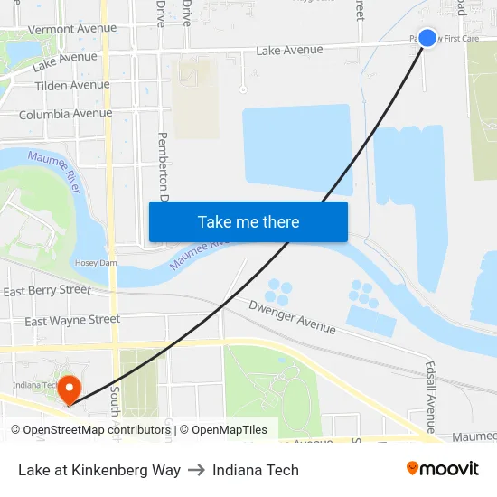 Lake at Kinkenberg Way to Indiana Tech map
