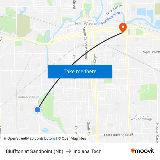 Bluffton at Sandpoint (Nb) to Indiana Tech map