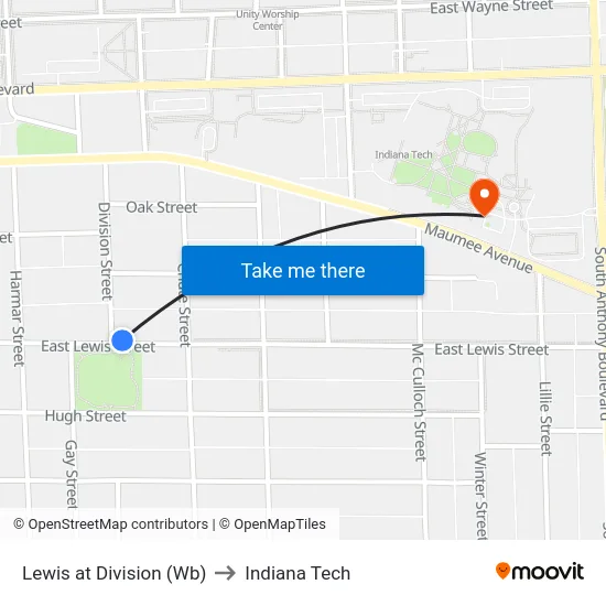Lewis at Division (Wb) to Indiana Tech map