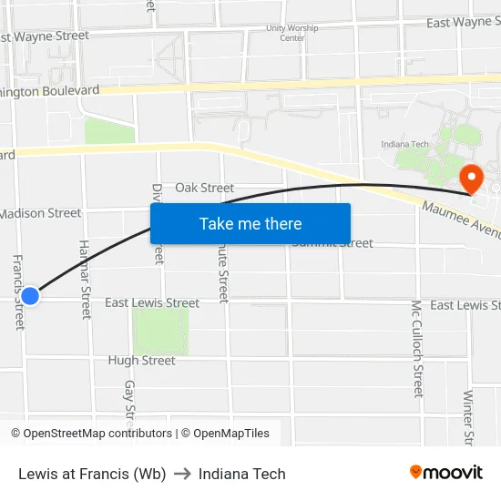 Lewis at Francis (Wb) to Indiana Tech map