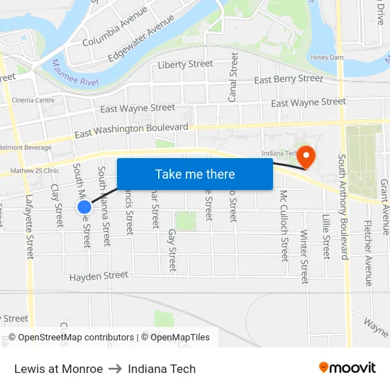 Lewis at Monroe to Indiana Tech map