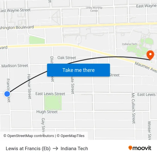 Lewis at Francis (Eb) to Indiana Tech map