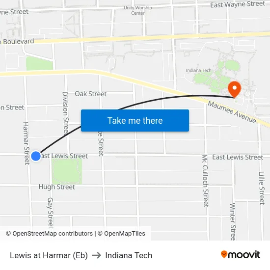 Lewis at Harmar (Eb) to Indiana Tech map