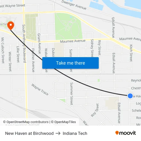 New Haven at Birchwood to Indiana Tech map