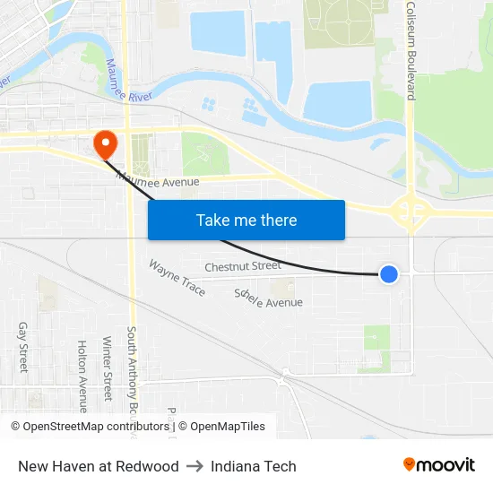 New Haven at Redwood to Indiana Tech map