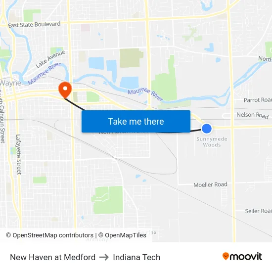 New Haven at Medford to Indiana Tech map