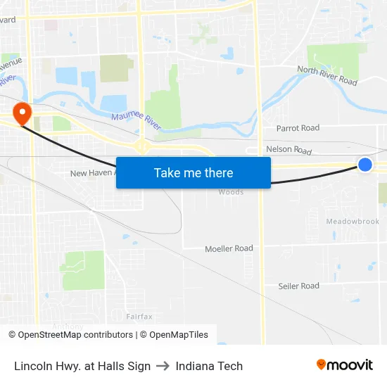Lincoln Hwy. at Halls Sign to Indiana Tech map
