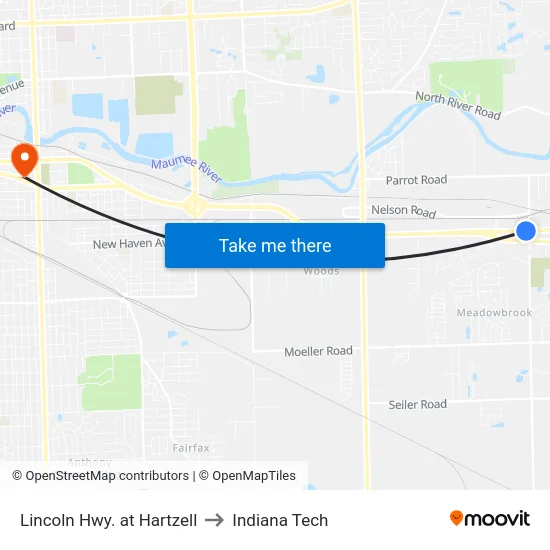 Lincoln Hwy. at Hartzell to Indiana Tech map
