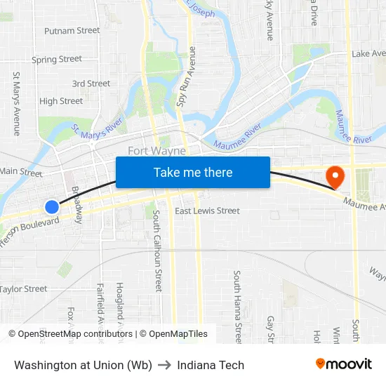 Washington at Union (Wb) to Indiana Tech map