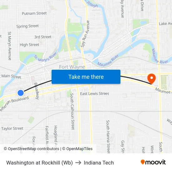 Washington at Rockhill (Wb) to Indiana Tech map