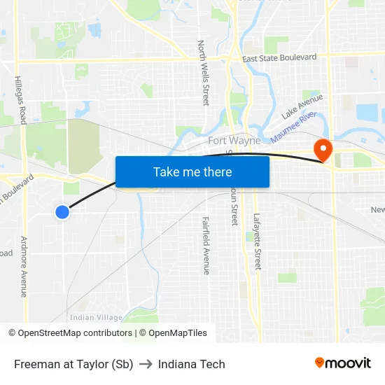 Freeman at Taylor (Sb) to Indiana Tech map