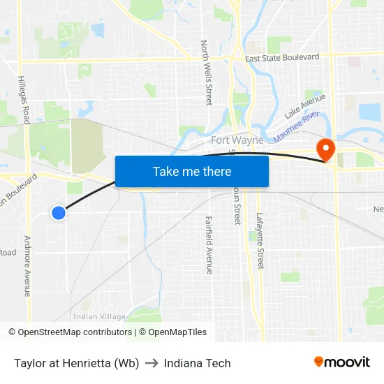Taylor at Henrietta (Wb) to Indiana Tech map