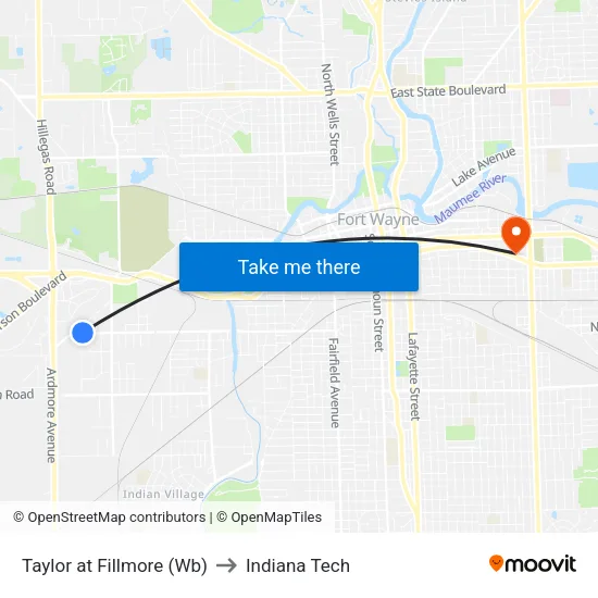 Taylor at Fillmore (Wb) to Indiana Tech map