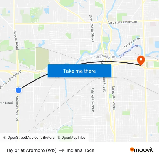 Taylor at Ardmore (Wb) to Indiana Tech map