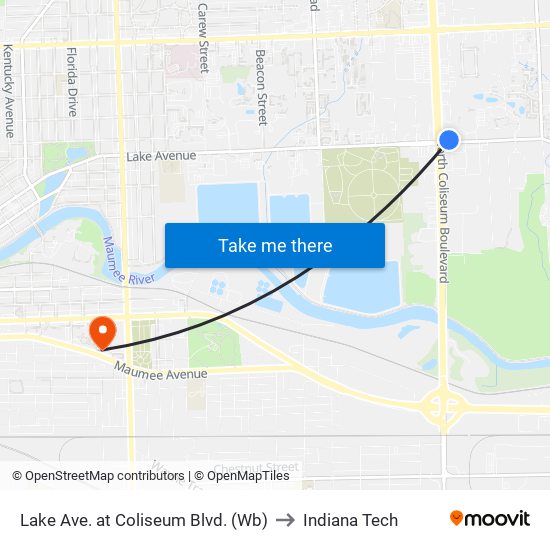 Lake Ave. at Coliseum Blvd. (Wb) to Indiana Tech map