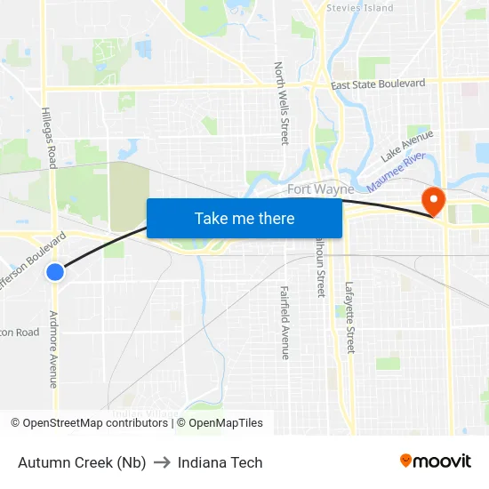 Autumn Creek (Nb) to Indiana Tech map